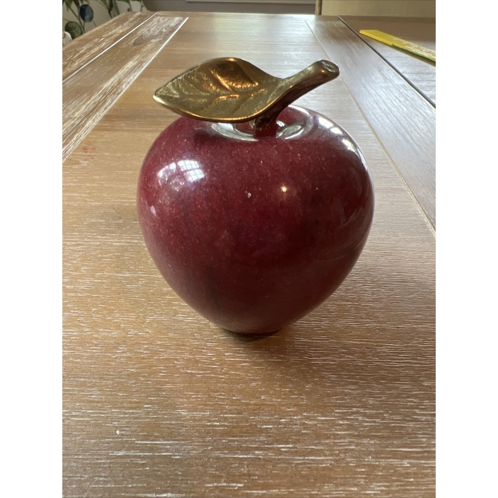 Vintage Marble Paperweight Apple Red Teacher Gift School‎ Brass Stem Desk Office